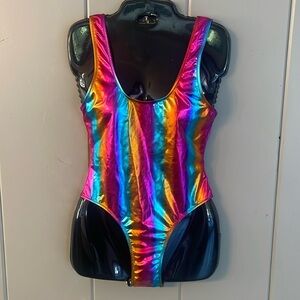 NWTS Rainbow Holographic Shiny Festival Pride One Piece Swimsuit XSMALL